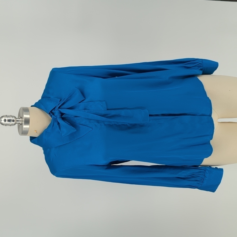 Zara Asymmetrical Collar Button Down Blouse Shirt Blue M bow neck